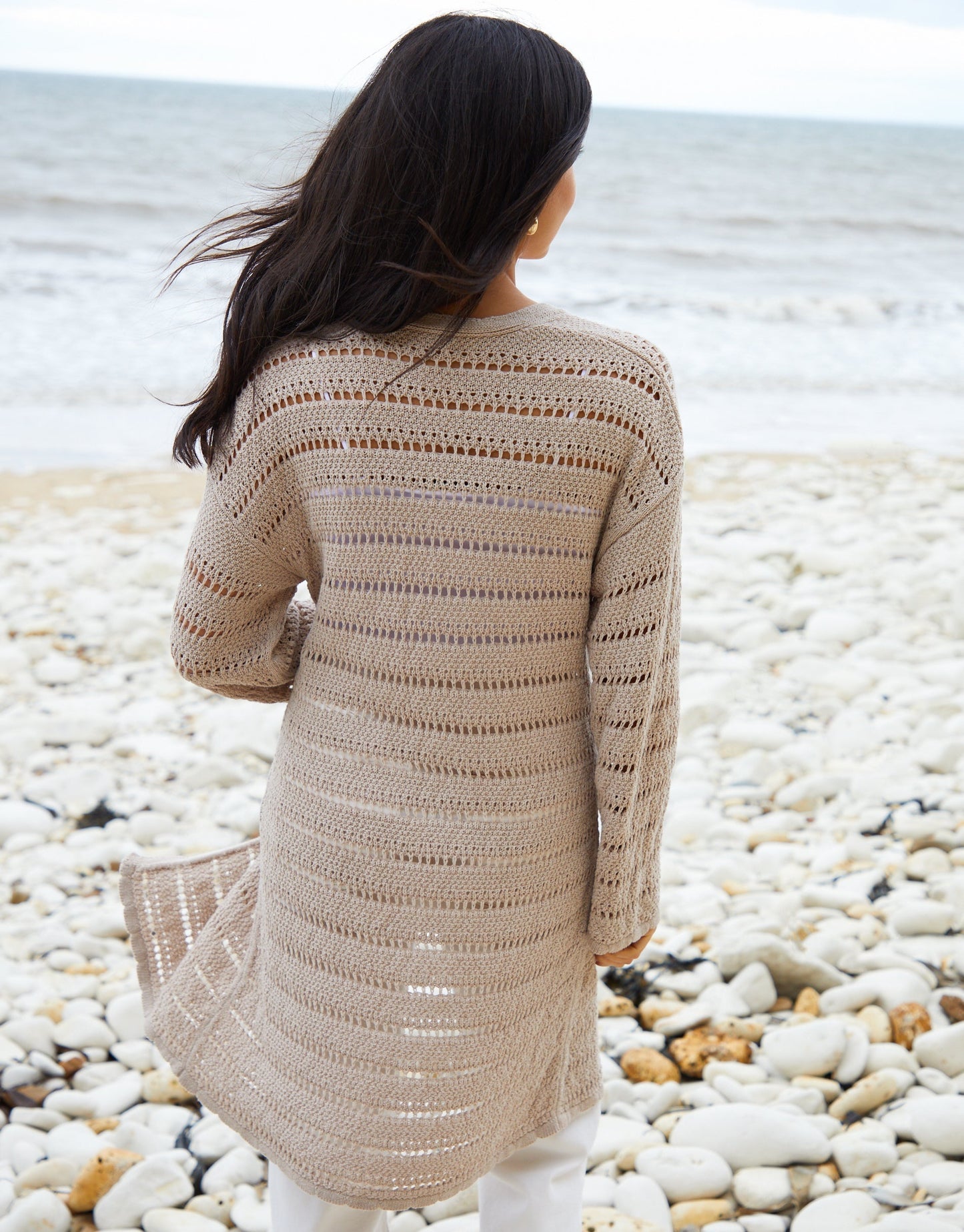 Women's Stone Longline Crochet Cardigan